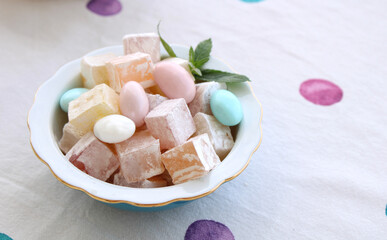 Lokum sweets and candy in the bowl, Turkish delights