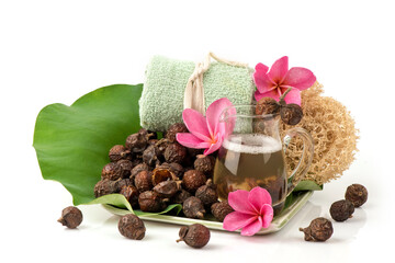 Fototapeta na wymiar Natural shampoo from sapindus rarak fruits isolated on white background.