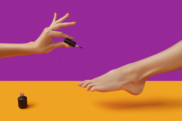 Female leg and hand with summer nail design on orange and purple background. Body treatment