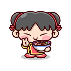 CUTE CHINESE GIRL SHOWING PEACE SIGN AND HOLDING ABIG BOWL OF NOODLE. HIGH QUALITY CARTOON MASCOT DESIGN.