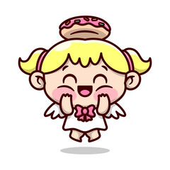 CUTE BLONDE LITTLE ANGLE WITH DONUT RING ON HER HEAD FEELING SO HAPPY AND SMILING. CARTOON CHARACTER DESIGN.