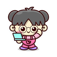 CUTE GIRL WEARING GLASSES AND BRINGING A BLUE LAPTOP. HIGH QUALITY CARTOON MASCOT DESIGN.  