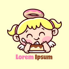 CUTE BLONDE LITTLE ANGEL WITH DONUT RING ON HER HEAD FEELING SO HAPPY WHEN EATING A SWEET PUDING. CARTOON CHARACTER DESIGN.