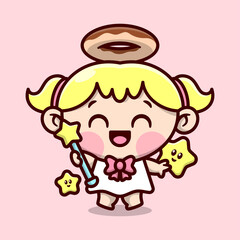 CUTE BLONDE LITTLE ANGEL WITH DONUT RING ON HER HEAD AND HOLDING A MAGICAL STAR STICK. CARTOON CHARACTER DESIGN.