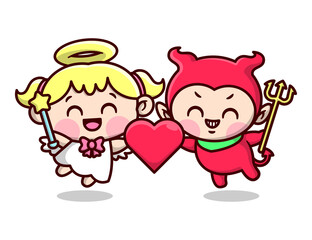 CUTE ANGEL AND DEVIL ARE HOLDING A HEART AND SHOWING HAPPY FACE.
