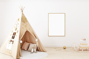 Frame mockup in child room interior. Nursery Interior in scandinavian style. 3d rendering, 3d illustration