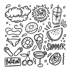 Doodle summer beach elements set. Hand drawn black color outline style.