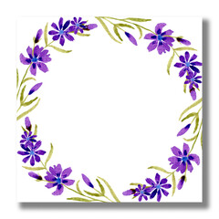 Watercolor floral frames, borders, cards. Wedding invitation cards with purple summer wild flowers. Handdrawn Watercolor style, nature art. Watercolor save the date card. Blank template.