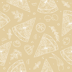 Hand drawn vector seamless pattern with pizza. Sketch style. Perfect for leaflets, cards, posters, prints, menu, booklets