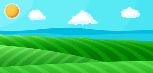 Obraz premium Empty Green Landscape with Blue Sky, Clouds and Sun. Green Meadow with Grass. Sunny Glades with Field Grasses. Nature and Freedom. National Park or Nature Reserve. Vector Illustration in Flat Style