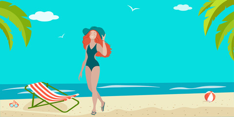 Obraz na płótnie Canvas Summer illustration of a woman in a swimsuit and a hat on the seashore. Vector banner of a holiday on the sandy beach.