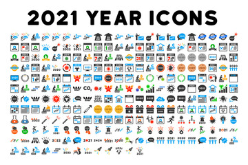 255 icons for 2021 year in flat style. 255 icons for 2021 year is a vector icon set with coronavirus, pandemic, future, hope, calendar symbols. These simple symbols designed for inoculation