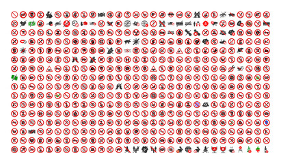 480 forbidden icons in flat style. 480 forbidden icons is a vector icon set of law, restriction, rules, fail, safety, instruction symbols. These simple pictograms designed for control and law purposes - obrazy, fototapety, plakaty