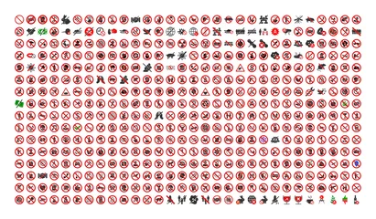 Fotobehang 480 forbidden icons in flat style. 480 forbidden icons is a vector icon set of law, restriction, rules, fail, safety, instruction symbols. These simple pictograms designed for control and law purposes © Aha-Soft