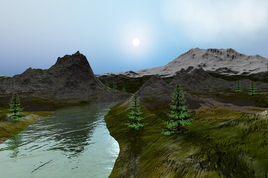 River between the mountains, an alpine landscape, is a morning view with the sun in the sky.