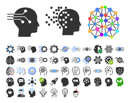 50 Intellect Icons In Flat Style. 50 Intellect Icons Is A Vector Icon Set Of Brain, AI, Logic, Memory, Analytics, Strategy Symbols. These Simple Symbols Designed For Education And Artificial