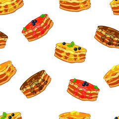 Vector Pancakes, seamless pattern, colorful background template, different pancake stacks.
