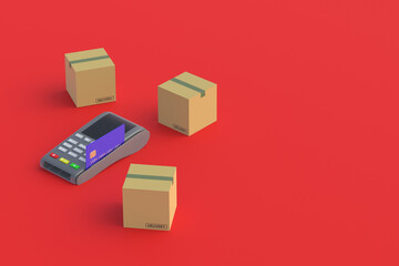 Compact cash register with a plastic card near cardboard boxes. Cashless payment for delivery of parcel. Instant transactions for transportation of goods. Wholesale and retail purchases. 3d render
