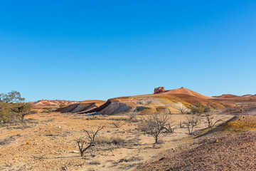Dry creek and the eroded landscapes of the painted hills, part of an ancient seabed which has been...