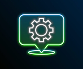 Glowing neon line Location with gear icon isolated on black background. Colorful outline concept. Vector