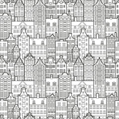 Seamless pattern of old european city. Holland houses facades in traditional Dutch style. The Decorative Architecture of Amsterdam. Black and white background