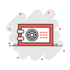 Obraz premium Safe money icon in comic style. Strongbox cartoon vector illustration on white isolated background. Finance security splash effect business concept.
