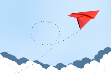 Paper plane flies on paper clouds. Travel concept, business success. Copy space. Travel, business
