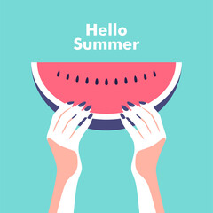 Ripe slice of watermelon in the hands of a woman. Summer party, vacation and travel concept. Vector flyer or poster design in minimalistic style. - obrazy, fototapety, plakaty