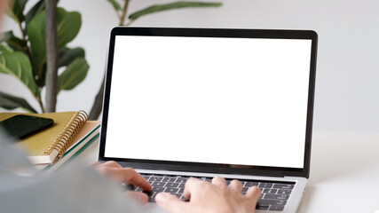 Laptop computer screen mockup, template background, Man hand typing laptop computer with blank...