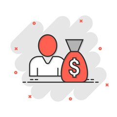 People with money bag icon in comic style. Businessman bag cartoon vector illustration on white isolated background. Bank splash effect business concept.
