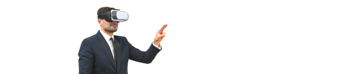 Naklejka premium The man with a virtual reality glasses gesturing on the white wall background