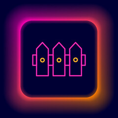 Glowing neon line Garden fence wooden icon isolated on black background. Colorful outline concept. Vector