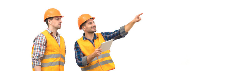 The two engineers with a tablet gesture on the white background