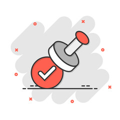 Approve stamp icon in comic style. Accept check mark cartoon vector illustration on white isolated background. Approval choice splash effect business concept.