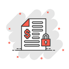 Financial statement icon in comic style. Document with lock cartoon vector illustration on white isolated background. Report splash effect business concept.