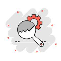 Loupe with gear icon in comic style. Magnifying glass cartoon vector illustration on white isolated background. Seo exploration splash effect business concept.