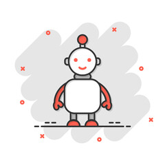 Cute robot chatbot icon in comic style. Bot operator cartoon vector illustration on white isolated background. Smart chatbot character splash effect business concept.