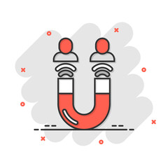 Lead conversion icon in comic style. Attract cartoon vector illustration on white isolated background. Magnet splash effect business concept.