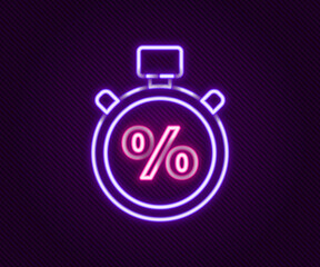 Fototapeta premium Glowing neon line Stopwatch and percent icon isolated on black background. Time timer sign. Colorful outline concept. Vector