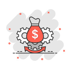 Money optimization icon in comic style. Gear effective cartoon vector illustration on white isolated background. Finance process splash effect business concept.