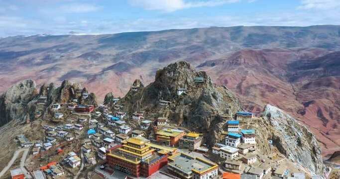 time lapse of the Zizhu temple landscape,one of the oldest and most important temple of the Bon religion,Dingqing county, Qamdo prefecture, Tibet, China