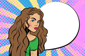 Girl smiles in pop art style. Background in comic style retro pop art. Illustration for print advertising and web.