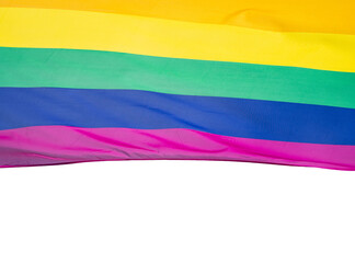 Rainbow flag in sunshine on white isolated