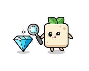 tofu mascot is checking the authenticity of a diamond