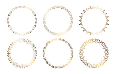 Gold frame round. Openwork floral ornament. Geometric set with gold pattern. Vector illustration. White background.
