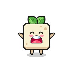 cute tofu mascot with a yawn expression