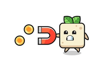 the character of tofu hold a magnet to catch the gold coins