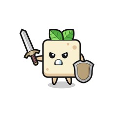 cute tofu soldier fighting with sword and shield