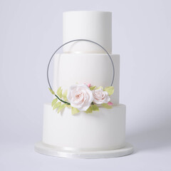 Wedding Cake, classic, white, hand made flowers with a silver ring