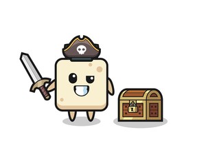 the tofu pirate character holding sword beside a treasure box